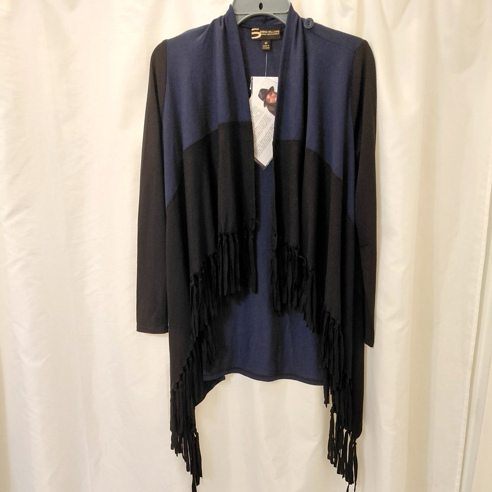 NWT XS Serena Williams Navy and Black Fringe Open-Front lightweight Stretch Poly